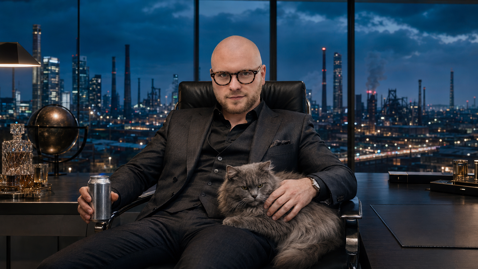 Alexander Doliva als augenzwinkernder Ruhrpott-Konzernboss im luxuriösen Eckbüro über Essen, mit Katze und Dosenbier.