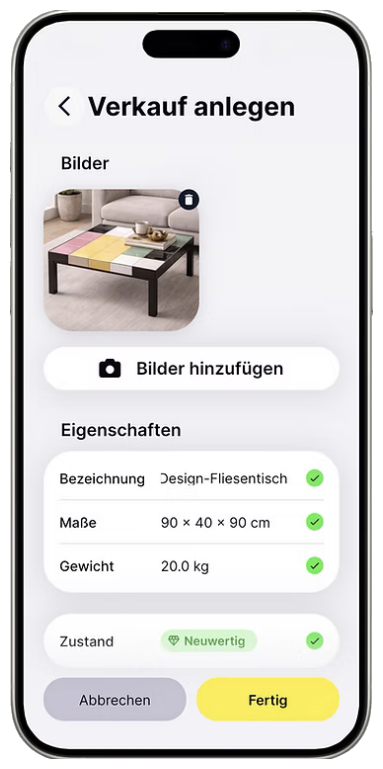 VIA X MARKET App: Verkauf mit Bildern, Eigenschaften und Zustand anlegen