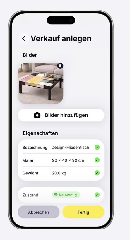 VIA X MARKET App: Verkauf mit Bildern, Eigenschaften und Zustand anlegen
