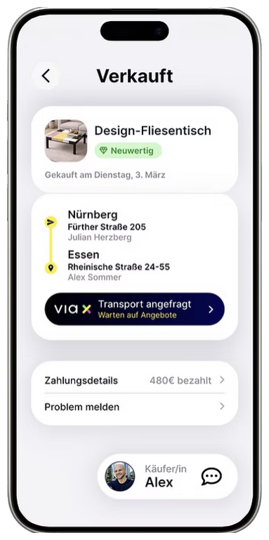 VIA X MARKET App: abgeschlossener Verkauf mit Zahlungsdetails und VIA X Transportanfrage