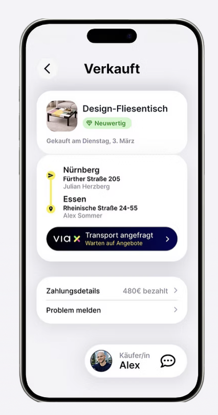 VIA X MARKET App: abgeschlossener Verkauf mit Zahlungsdetails und VIA X Transportanfrage