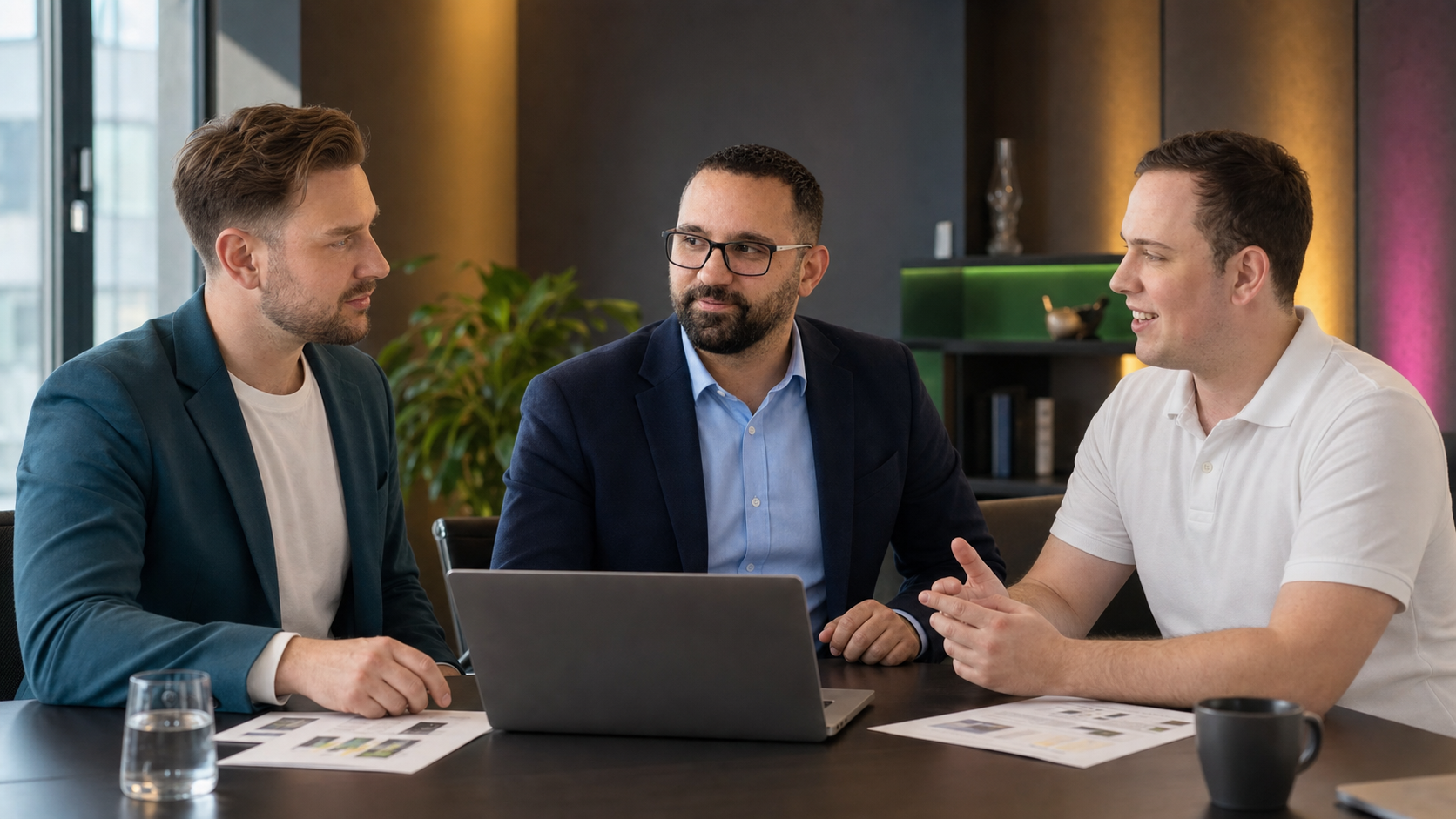 Daniel Wurzberger, Hekuran Islamaj und Paul Tiedge im gemeinsamen Office-Meeting