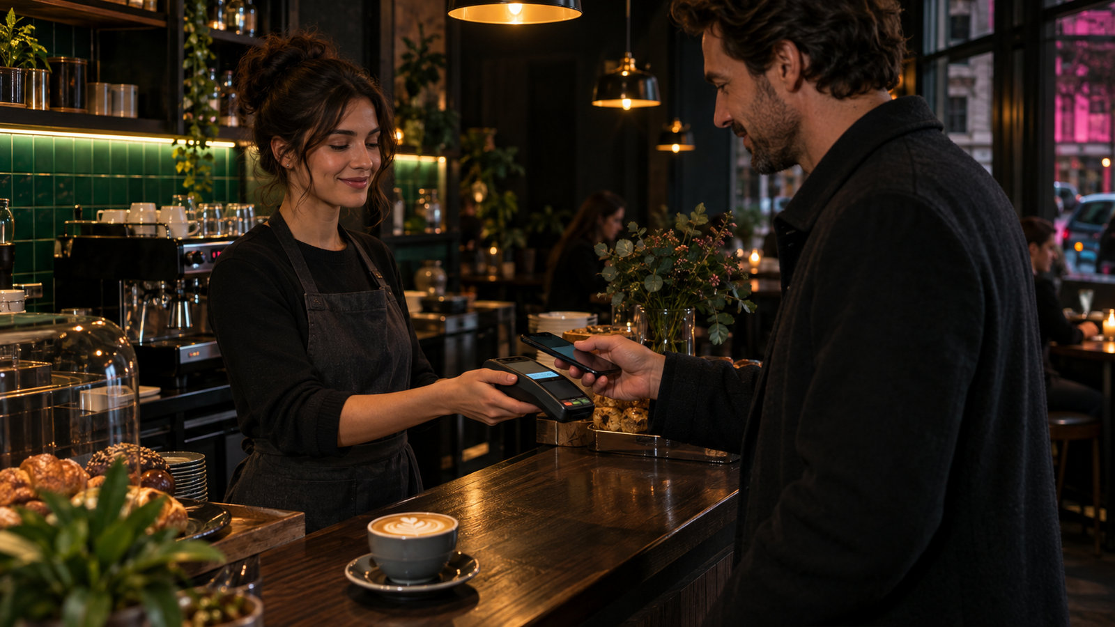 Barista nimmt mit einem Zahlungsterminal eine kontaktlose Zahlung per Smartphone entgegen