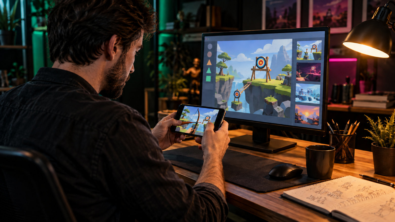 Spieleentwicklerin testet ein Bogenschießspiel auf dem Smartphone am Arbeitsplatz