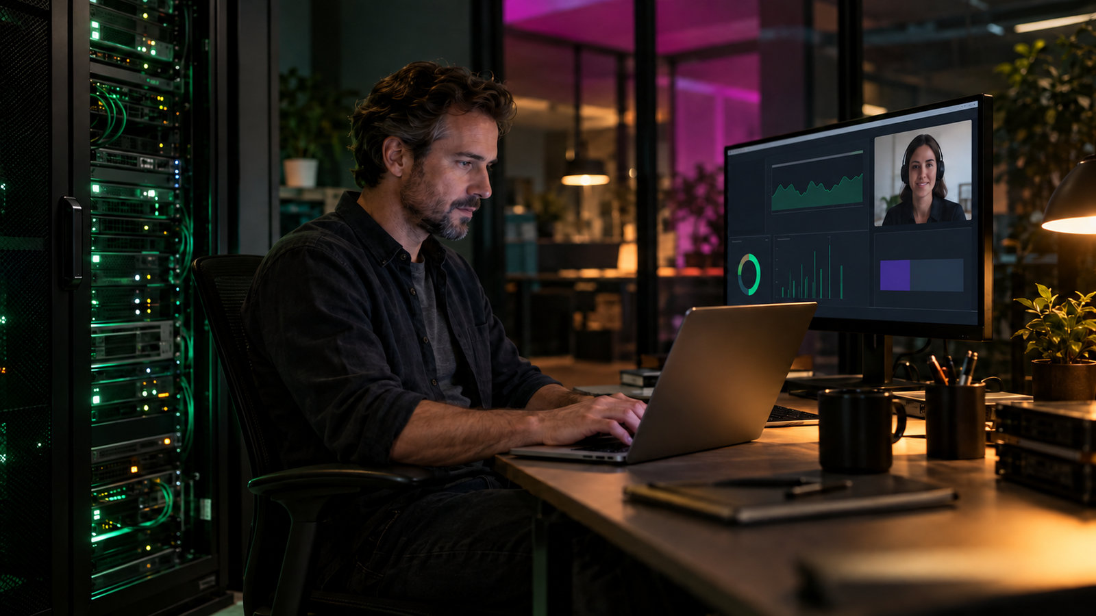 IT-Ingenieur arbeitet am Laptop neben einem Serverschrank, im Hintergrund ein Videocall