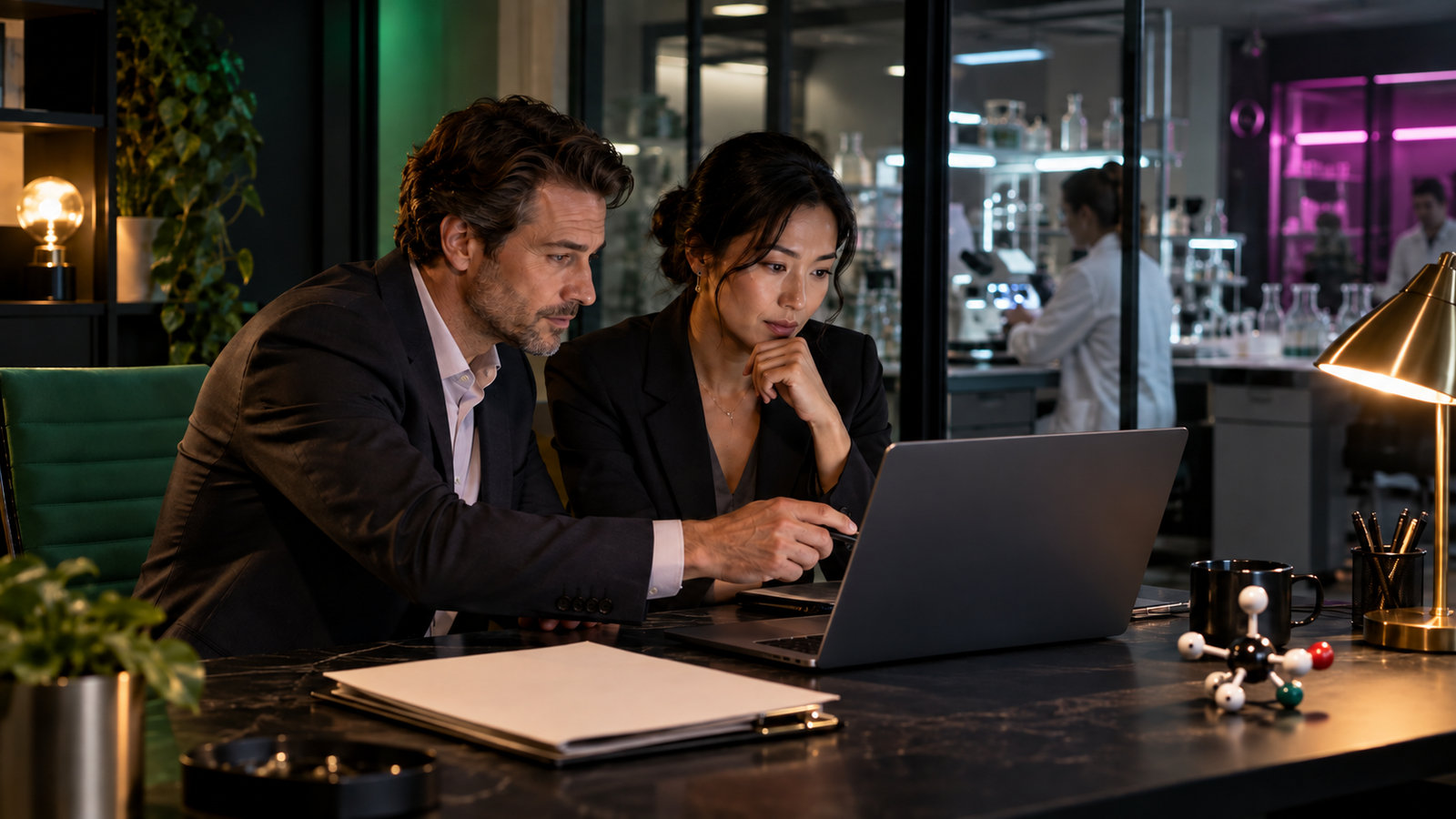 Finanzanalystin und Geschäftsleiterin besprechen Lizenzgebühren-Kennzahlen am Laptop
