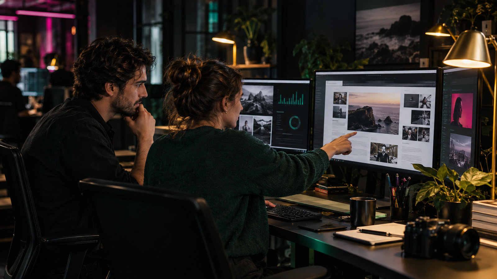 Produktanalystin und Webdesigner besprechen ein redaktionelles Layout an Monitoren