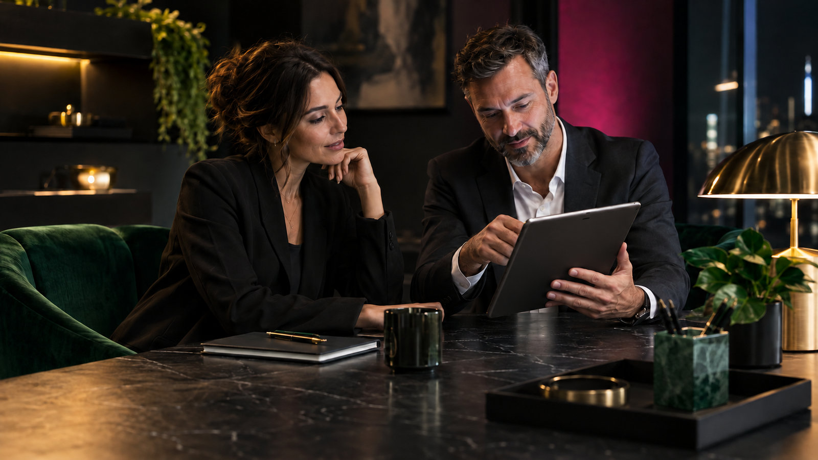 Unternehmerin und Finanzberaterin besprechen eine Kontoübersicht auf einem Tablet