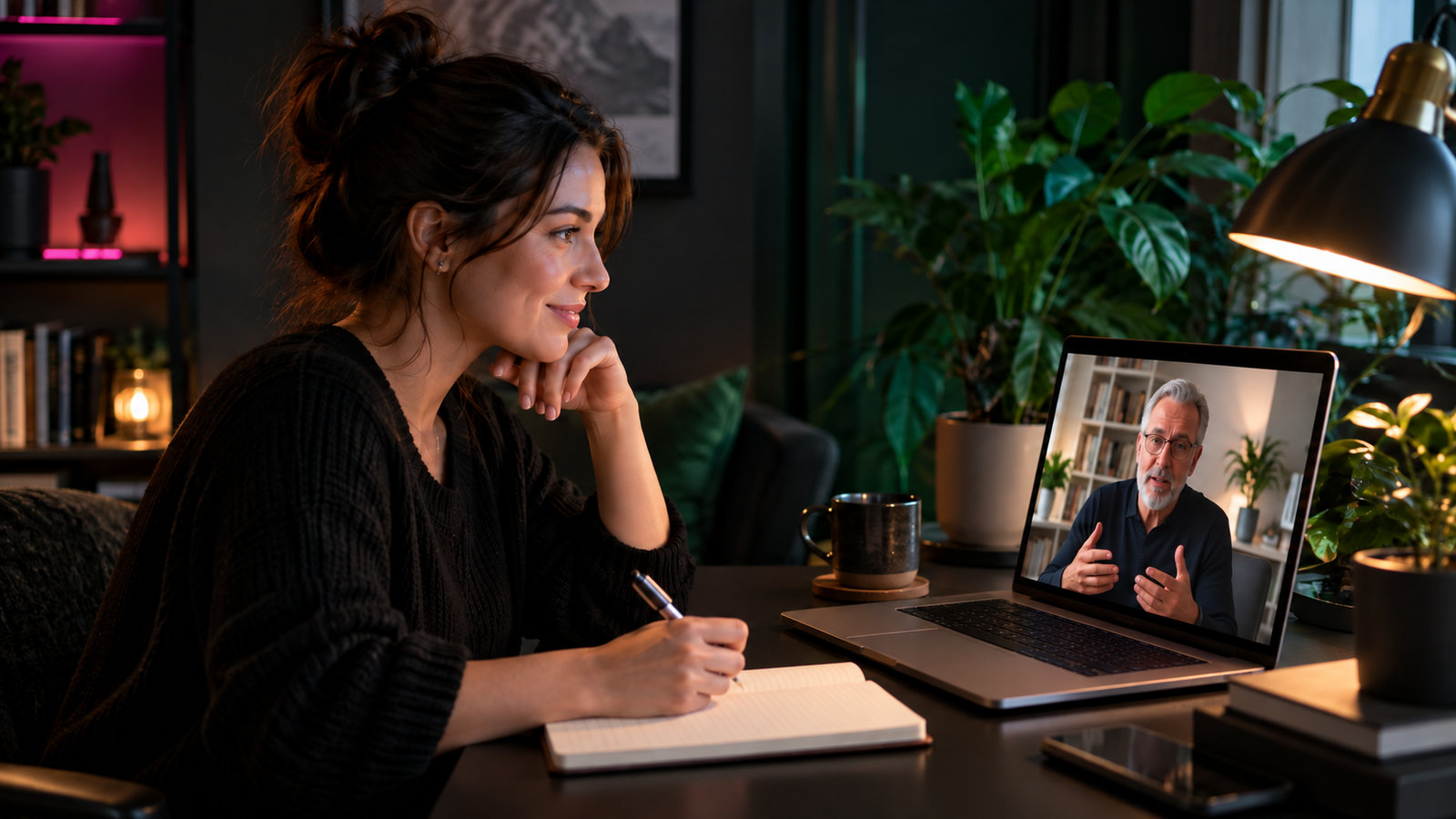 Lernende Person führt am Laptop ein Video-Mentoring-Gespräch mit einem Coach