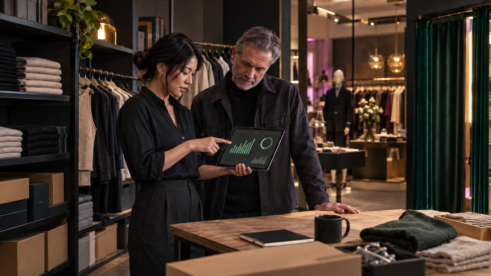 Analyst and store manager reviewing sales figures in a fashion retailer's stockroom