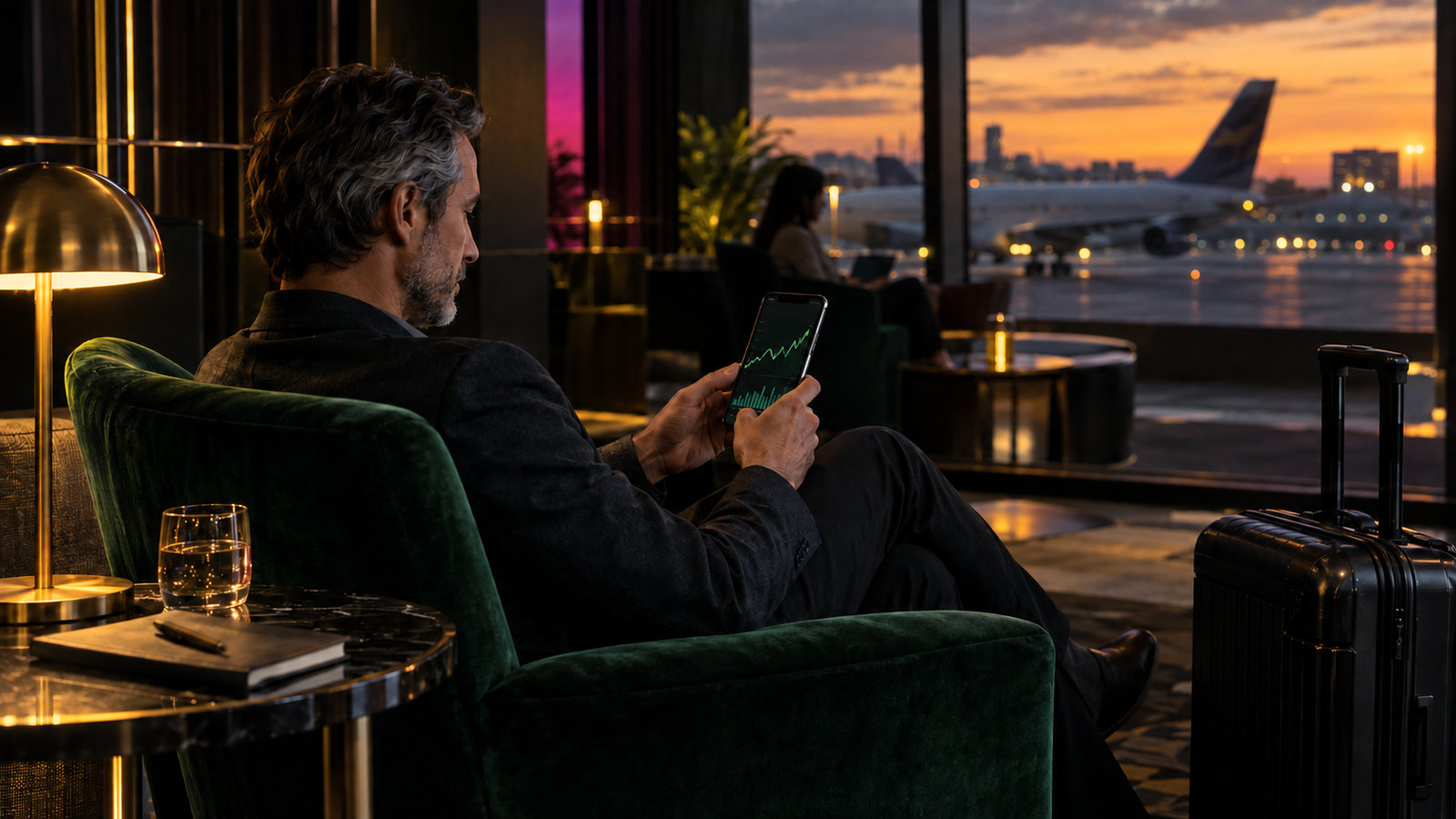 Business traveler checking a portfolio chart on a smartphone in a lounge