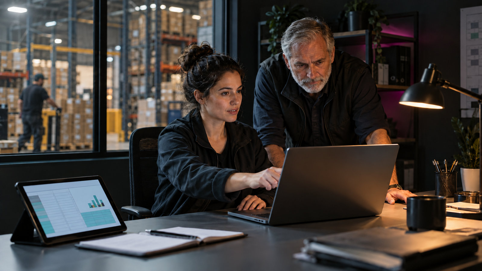 QA-Spezialistin und Kollege prüfen einen ERP-Workflow am Laptop im Lagerbüro
