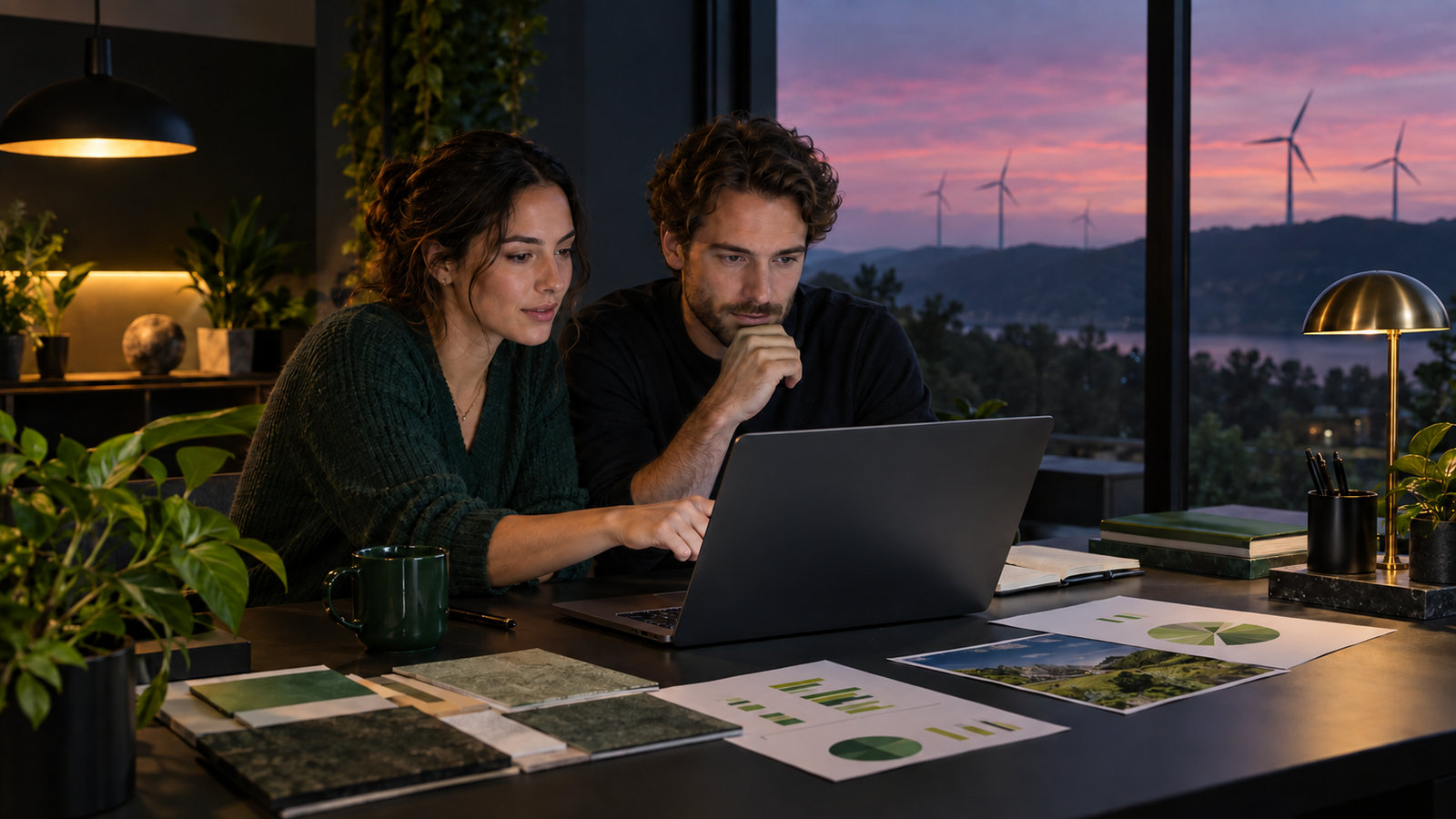 Nachhaltigkeitsanalystin und Data Engineer arbeiten am Laptop, im Hintergrund Windkraftanlagen