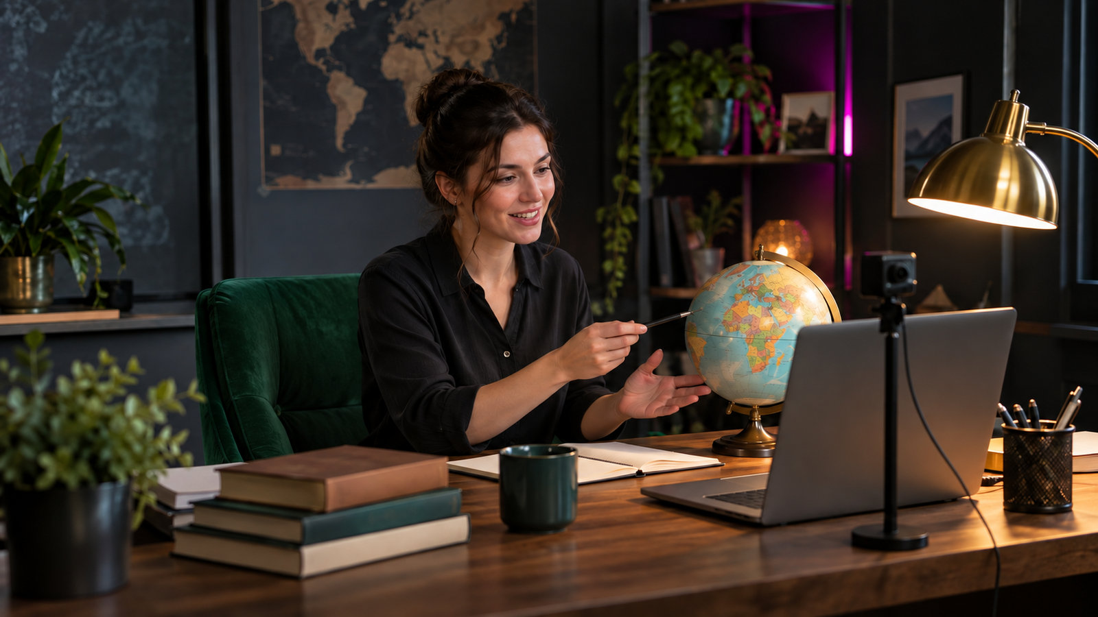 Lehrerin unterrichtet online per Laptop und Kamera aus einem Klassenzimmer