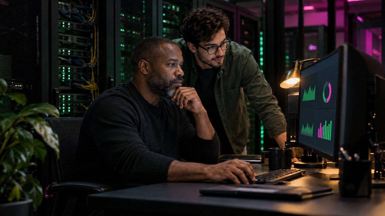 Datenbankadministrator und Kollegin besprechen Leistungskennzahlen im IT-Betriebsraum