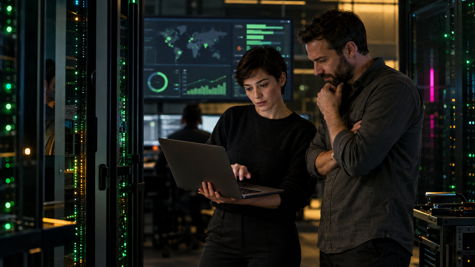 Zwei IT-Ingenieure besprechen ein Deployment-Dashboard vor Serverracks