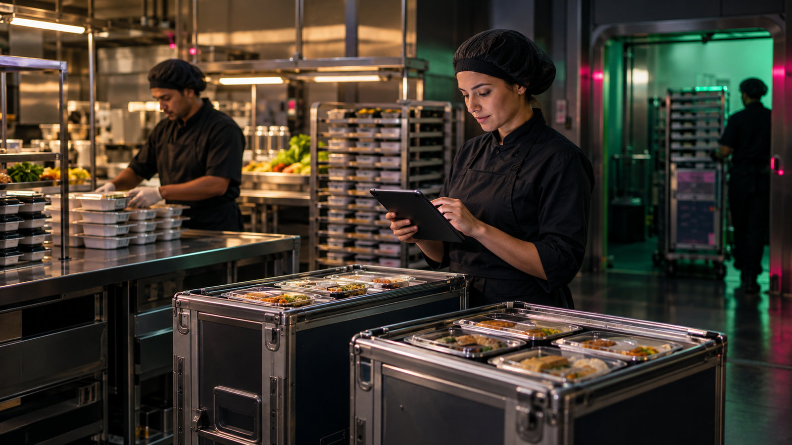 Catering-Koordinatorin prüft ein Tablet neben Bordwagen mit Mahlzeiten