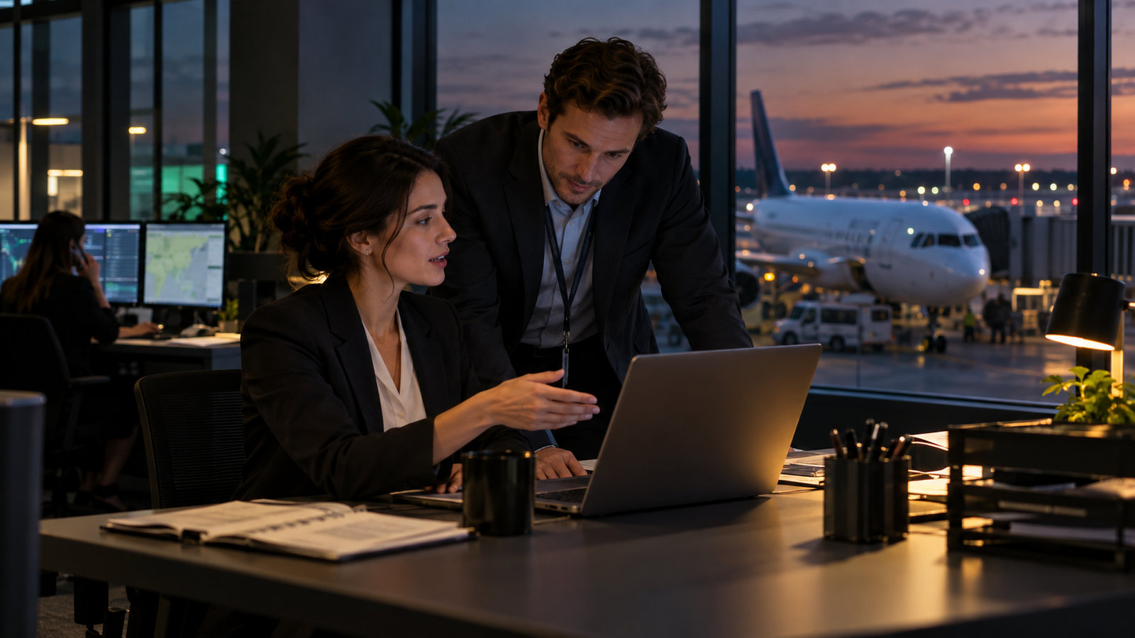 Kundendienstkoordinatorin bespricht am Laptop einen Vorgang, im Hintergrund ein Flugzeug am Terminal