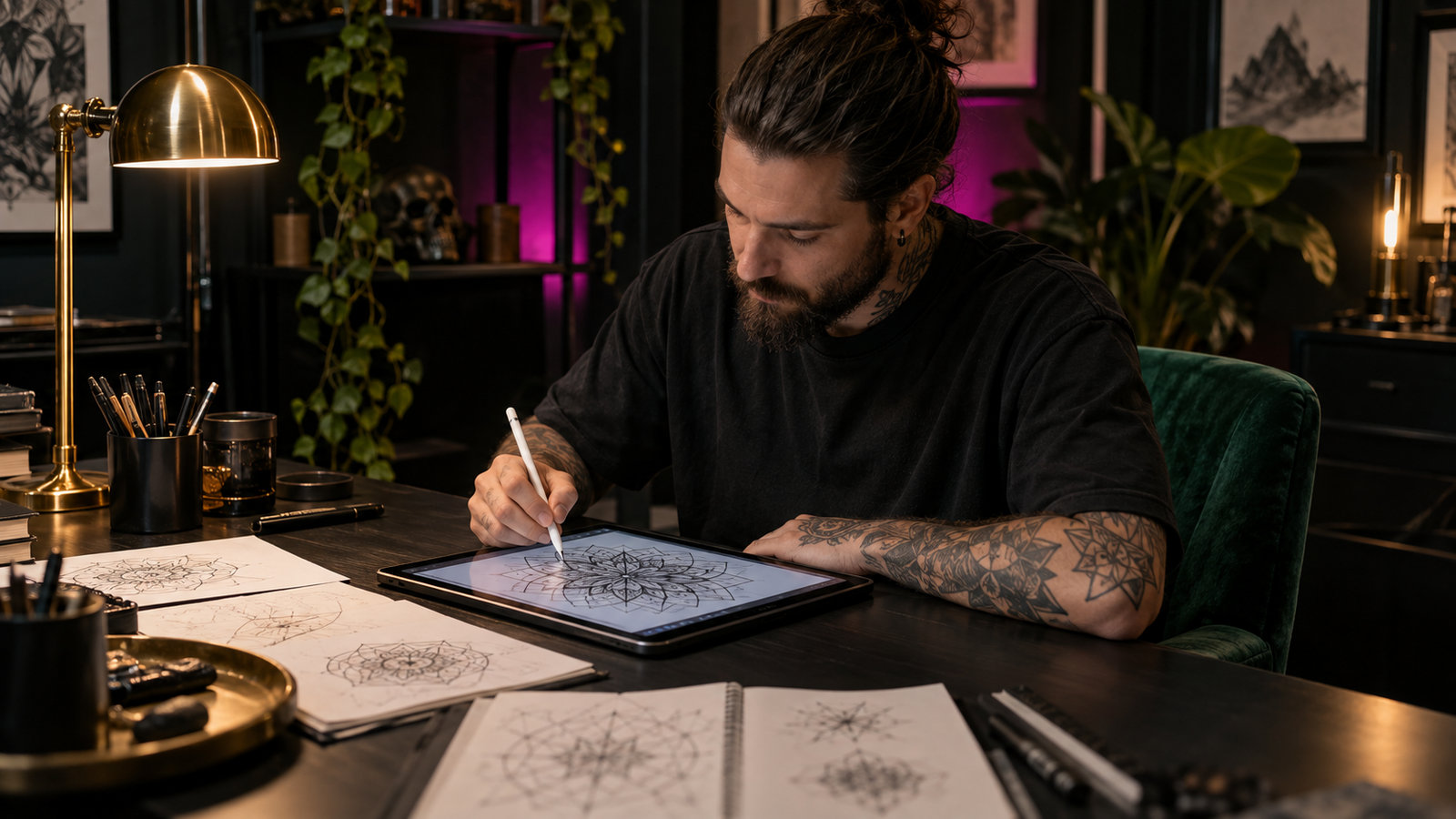 Tätowierer zeichnet mit einem Stift ein geometrisches Muster auf einem Tablet