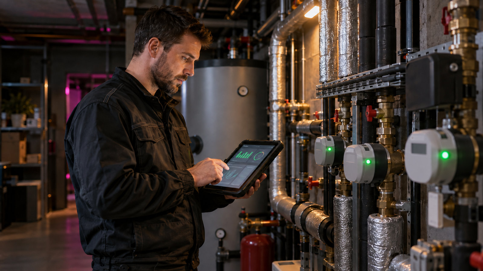 Techniker prüft Wärme- und Wasserzähler mit einem robusten Tablet in einem Technikraum