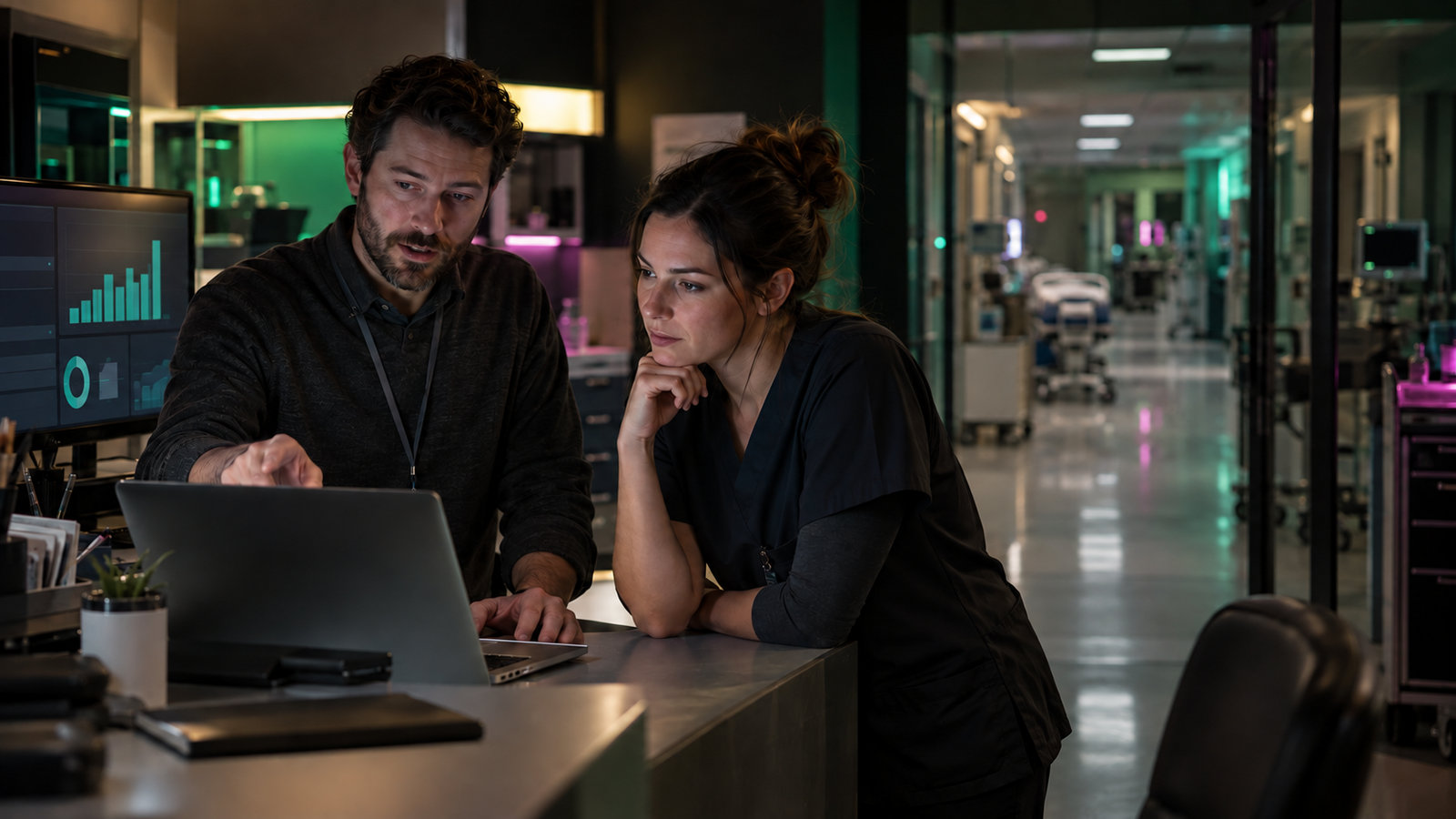 IT-Ingenieur und Pflegekraft besprechen ein Workflow-Panel an einer Klinik-Arbeitsstation