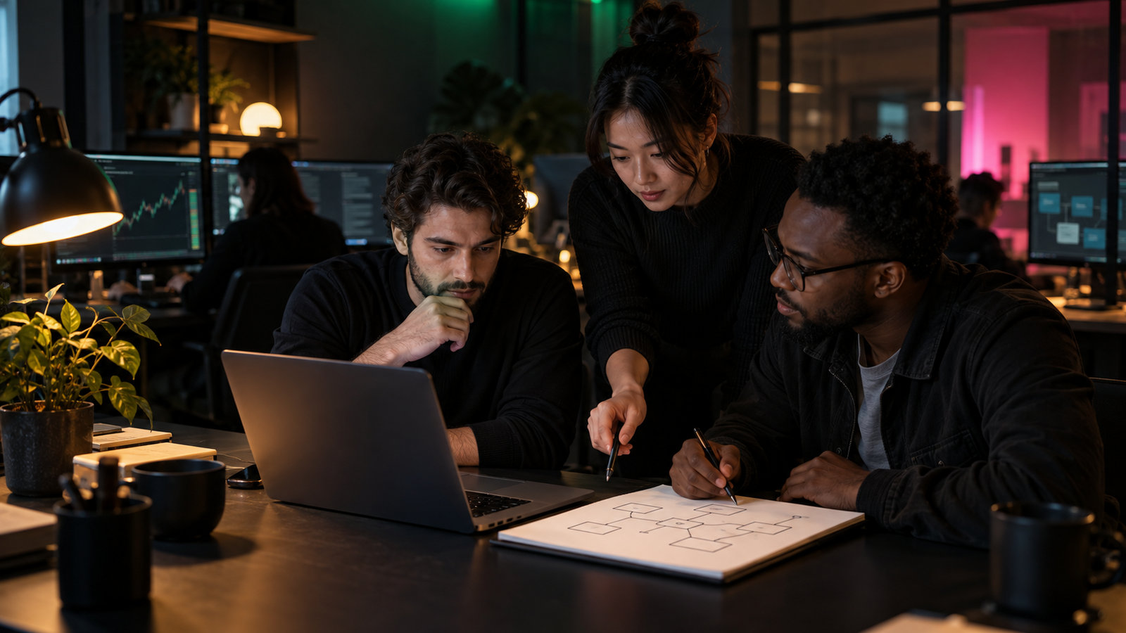 Drei Softwareentwickler besprechen eine Architekturskizze am Laptop