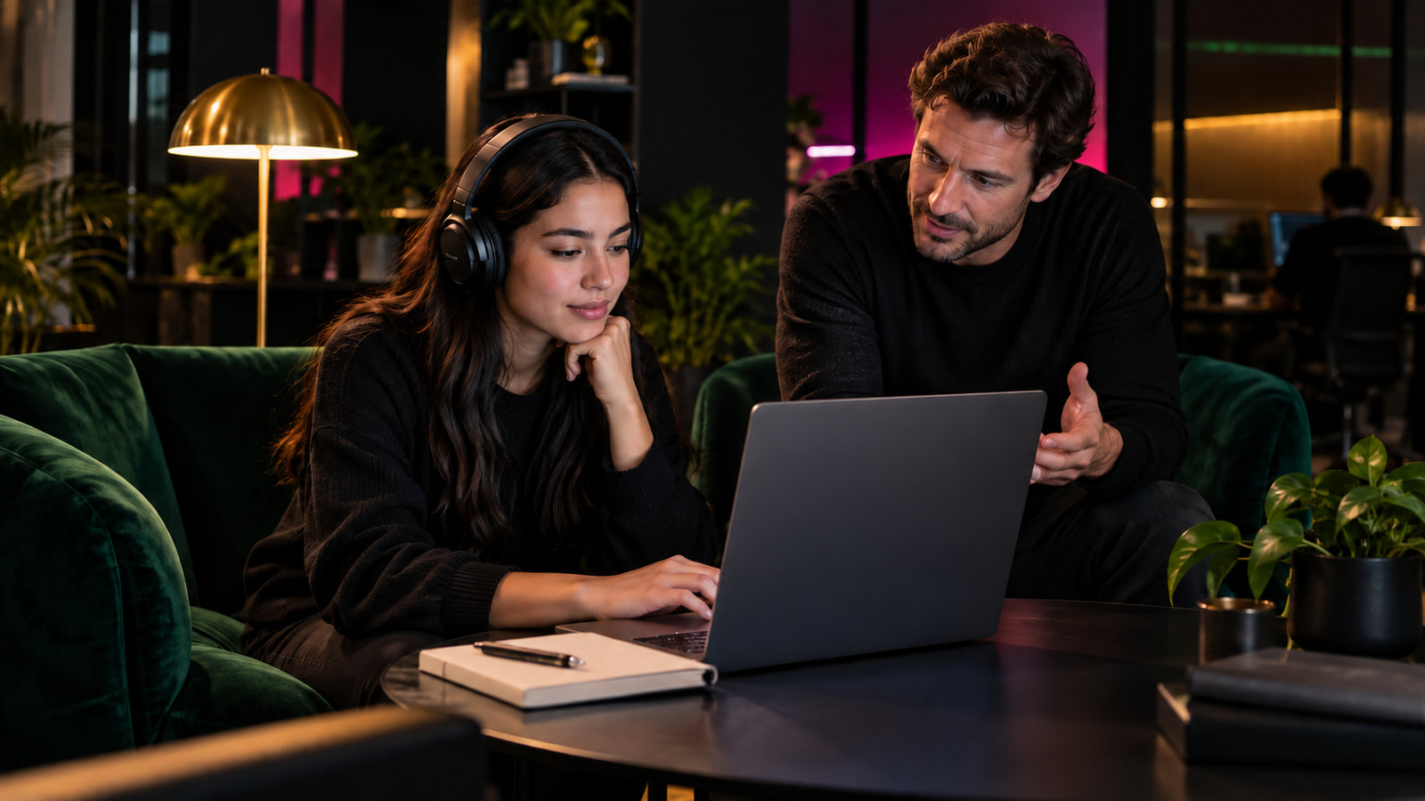 Neue Mitarbeiterin lernt am Laptop, ein Mentor sitzt unterstützend daneben
