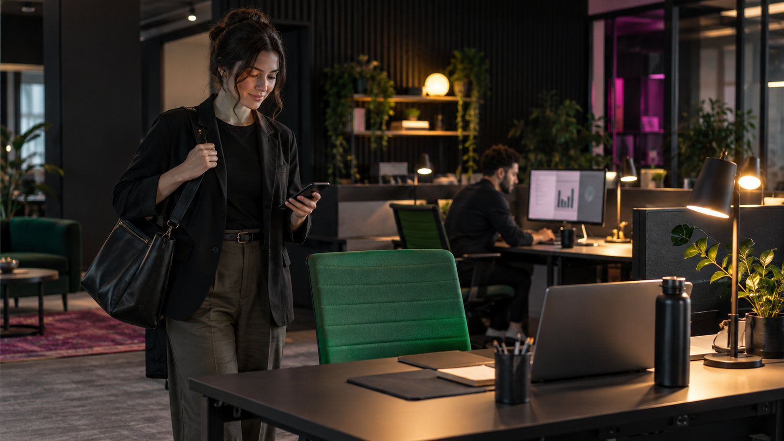 Mitarbeiter betritt ein flexibles Büro und prüft am Smartphone einen freien Arbeitsplatz