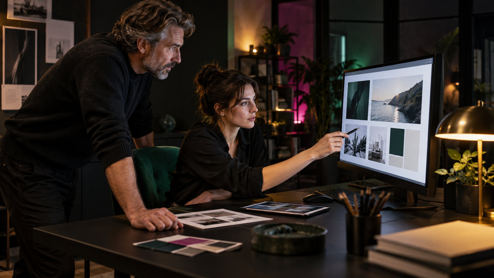 Creative director and web designer discussing a website layout on a monitor