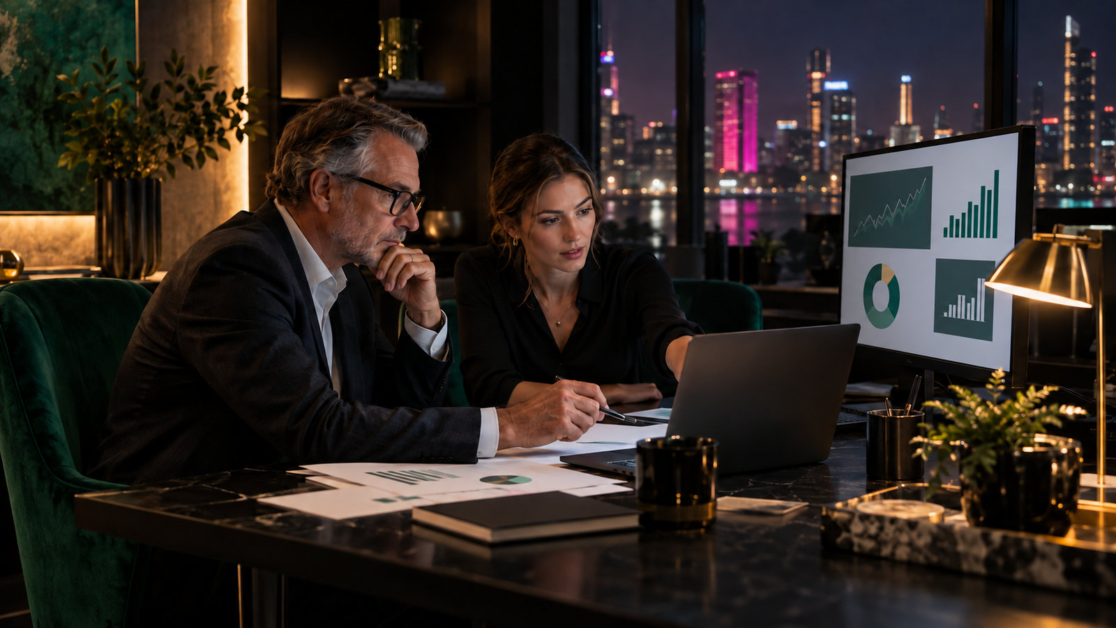 Zwei Investmentanalysten besprechen Portfoliodiagramme an einem Schreibtisch
