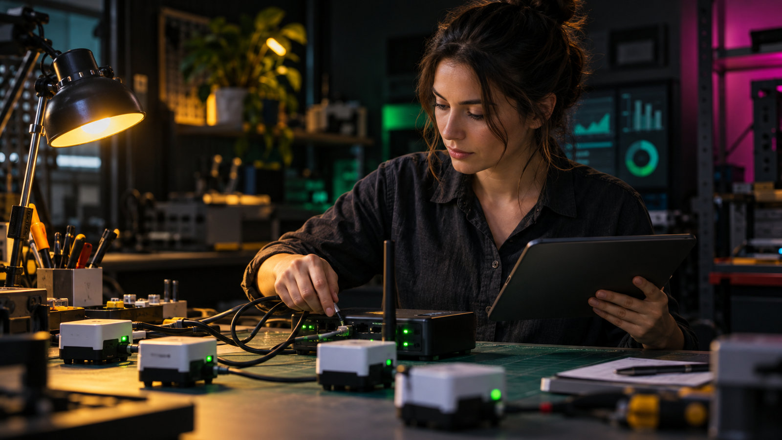 IoT engineer connecting sensors to a gateway at a workbench