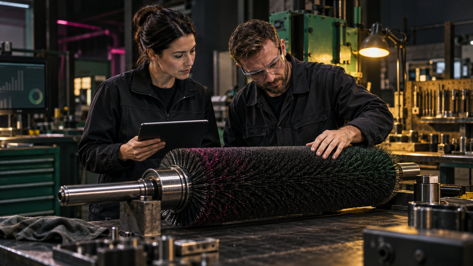 Planer mit Tablet und Handwerker begutachten eine industrielle Bürstenwalze in der Werkstatt