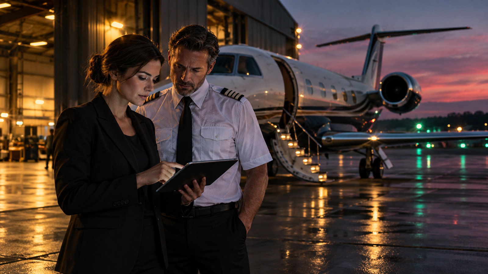 Koordinatorin für Privatflugbetrieb bespricht mit einem Piloten ein Tablet vor einem Business-Jet
