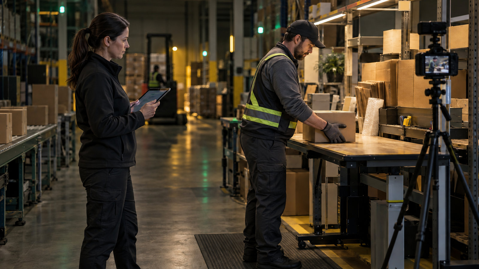 Ergonomie-Spezialistin beobachtet mit Tablet einen Mitarbeiter beim sicheren Heben einer Kiste