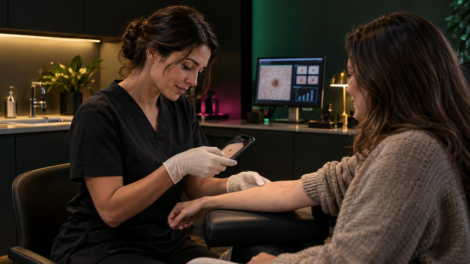 Ärztin dokumentiert mit dem Smartphone eine Hautstelle am Unterarm einer Patientin
