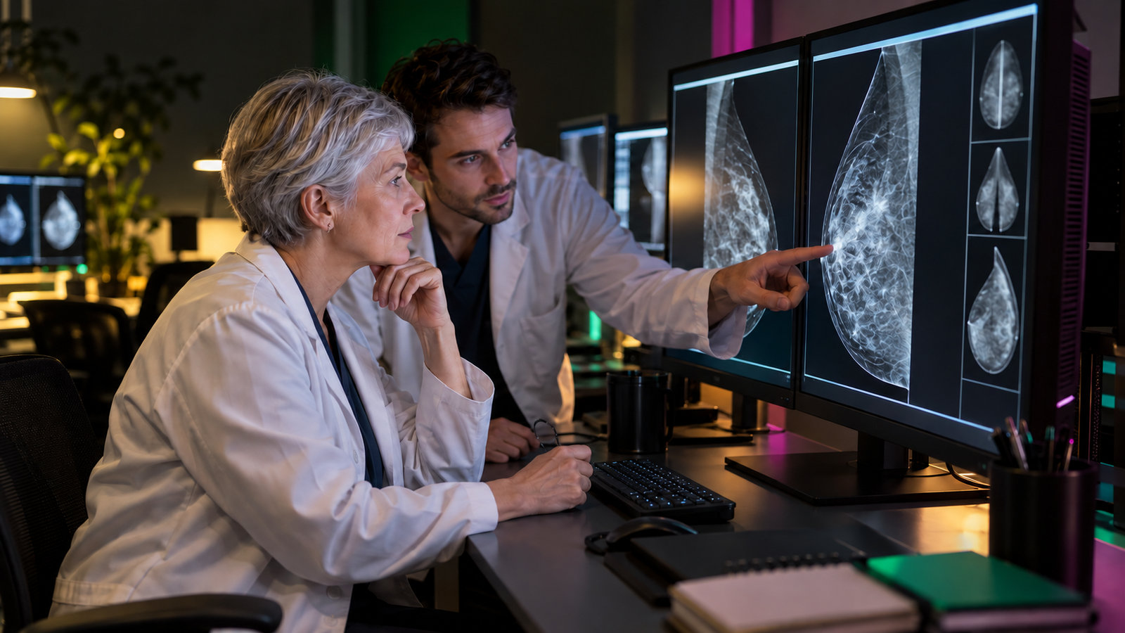 Zwei Radiologen besprechen anonymisierte Mammografie-Aufnahmen am Bildschirm