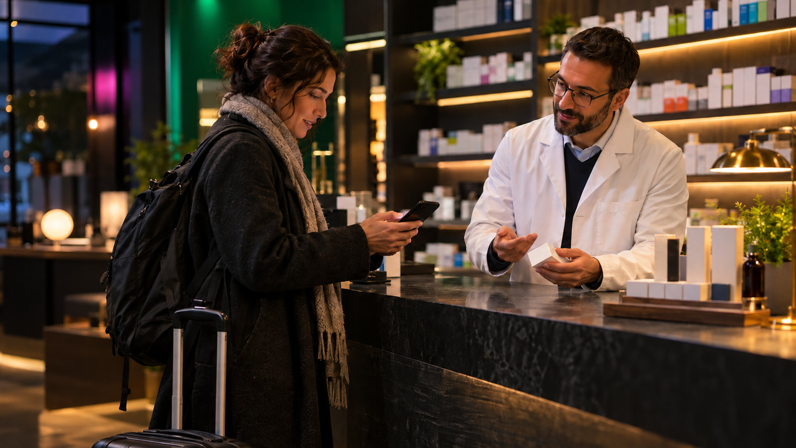 Reisende spricht mit einer Apothekerin am Tresen einer Apotheke