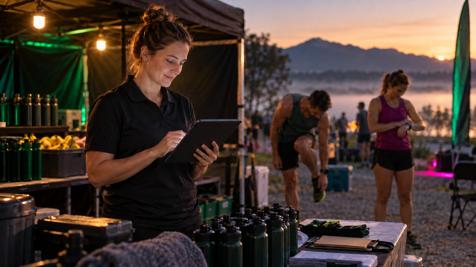 Veranstaltungsleiter prüft Teilnehmerregistrierung per Tablet bei einer Laufveranstaltung