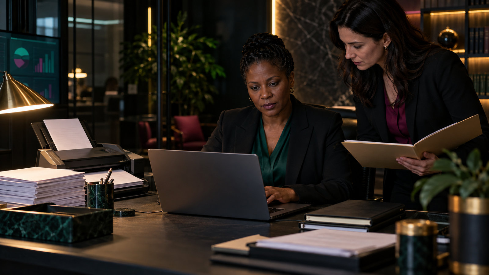 Legal specialist reviewing scanned contracts on a laptop beside a document scanner