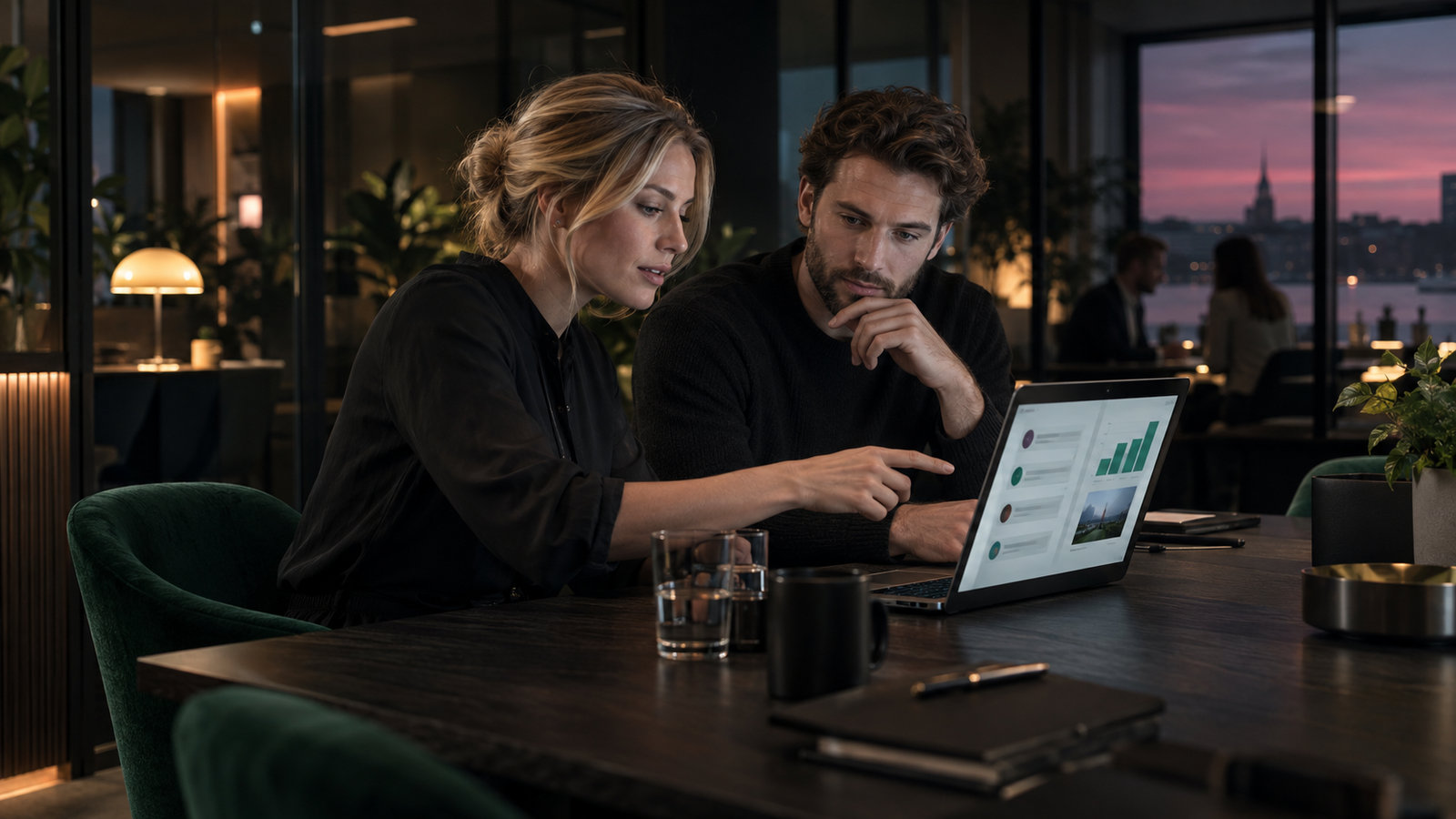 Produktteam bespricht einen Kreditvergleichs-Workflow am Laptop im Büro