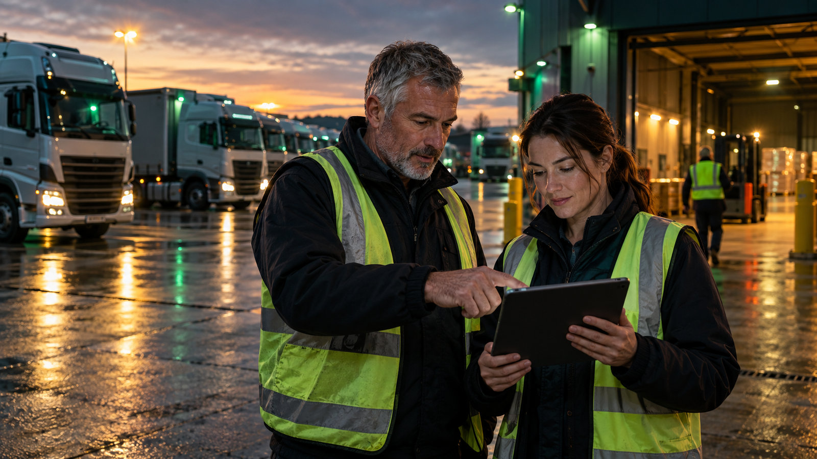 Logistikleiter und Dispatcherin prüfen Kennzahlen auf einem Tablet vor parkenden Lkw