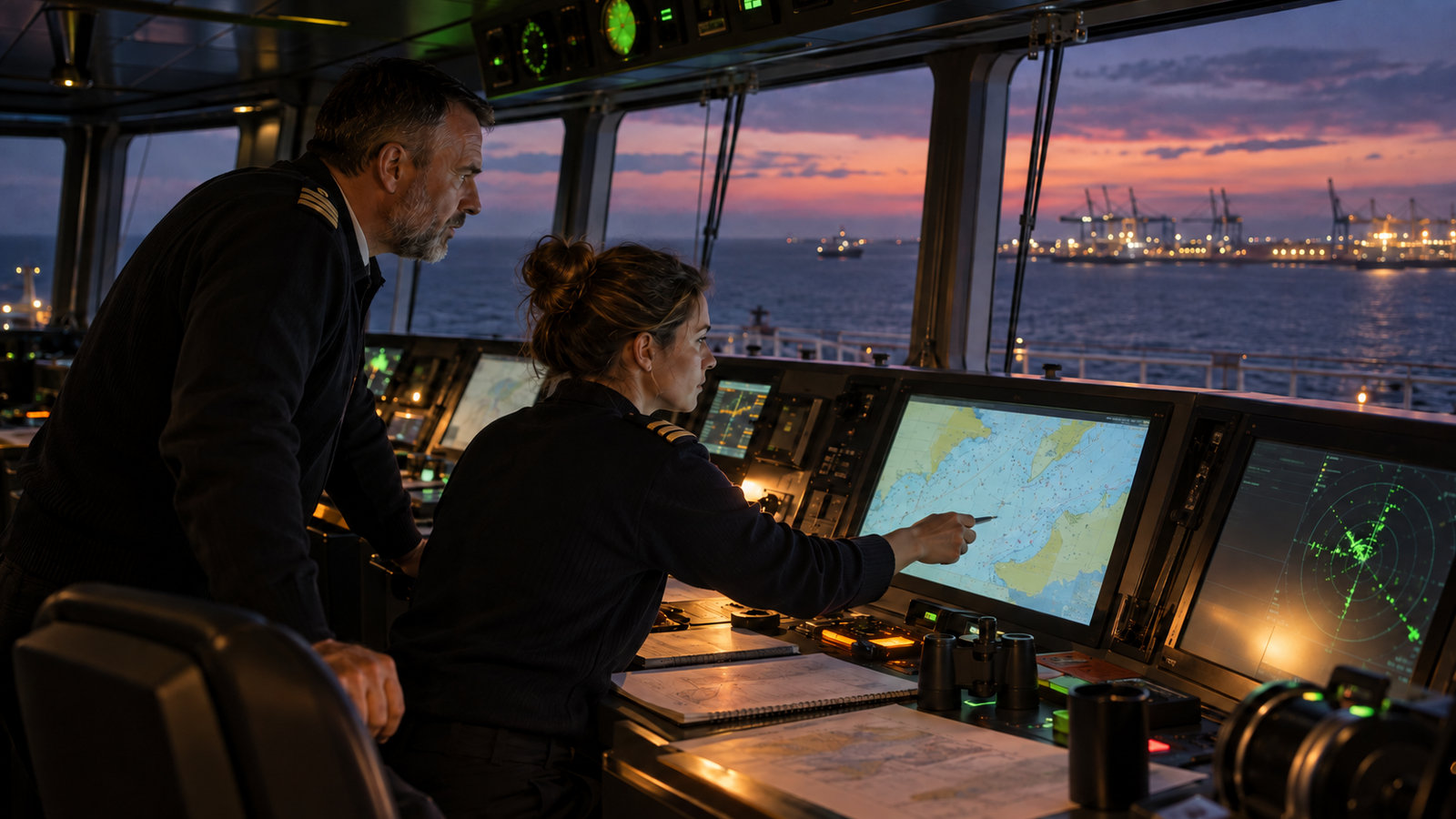 Schiffsoffizier und Navigationsspezialistin prüfen Kartendarstellungen auf der Brücke eines Frachtschiffs