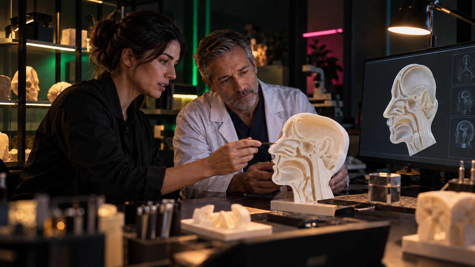 Medizintechnik-Ingenieur und HNO-Spezialistin untersuchen ein anatomisches 3D-Kopfmodell im Labor