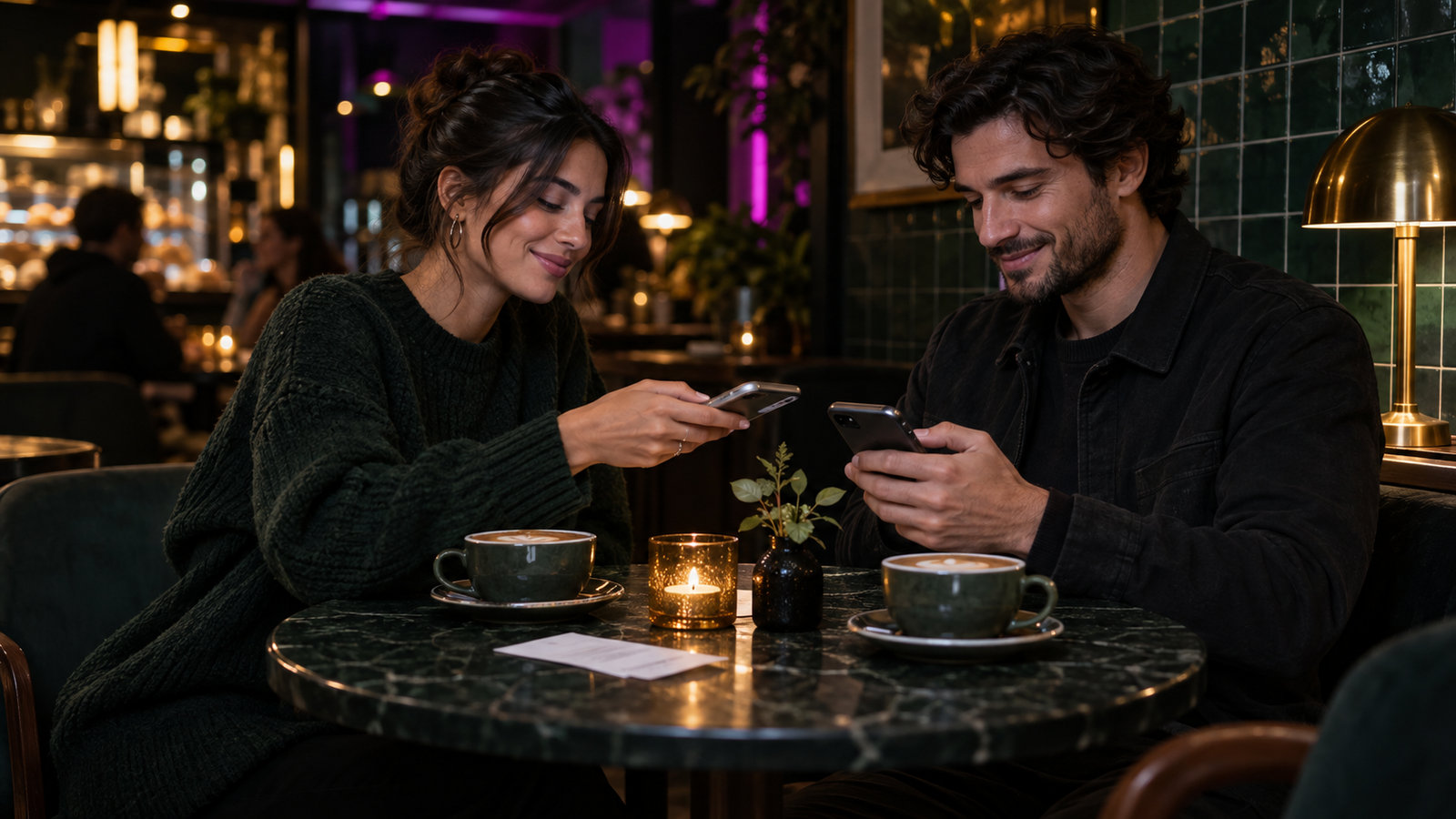 Zwei Freunde nutzen an einem Cafétisch ihre Smartphones für eine Zahlung