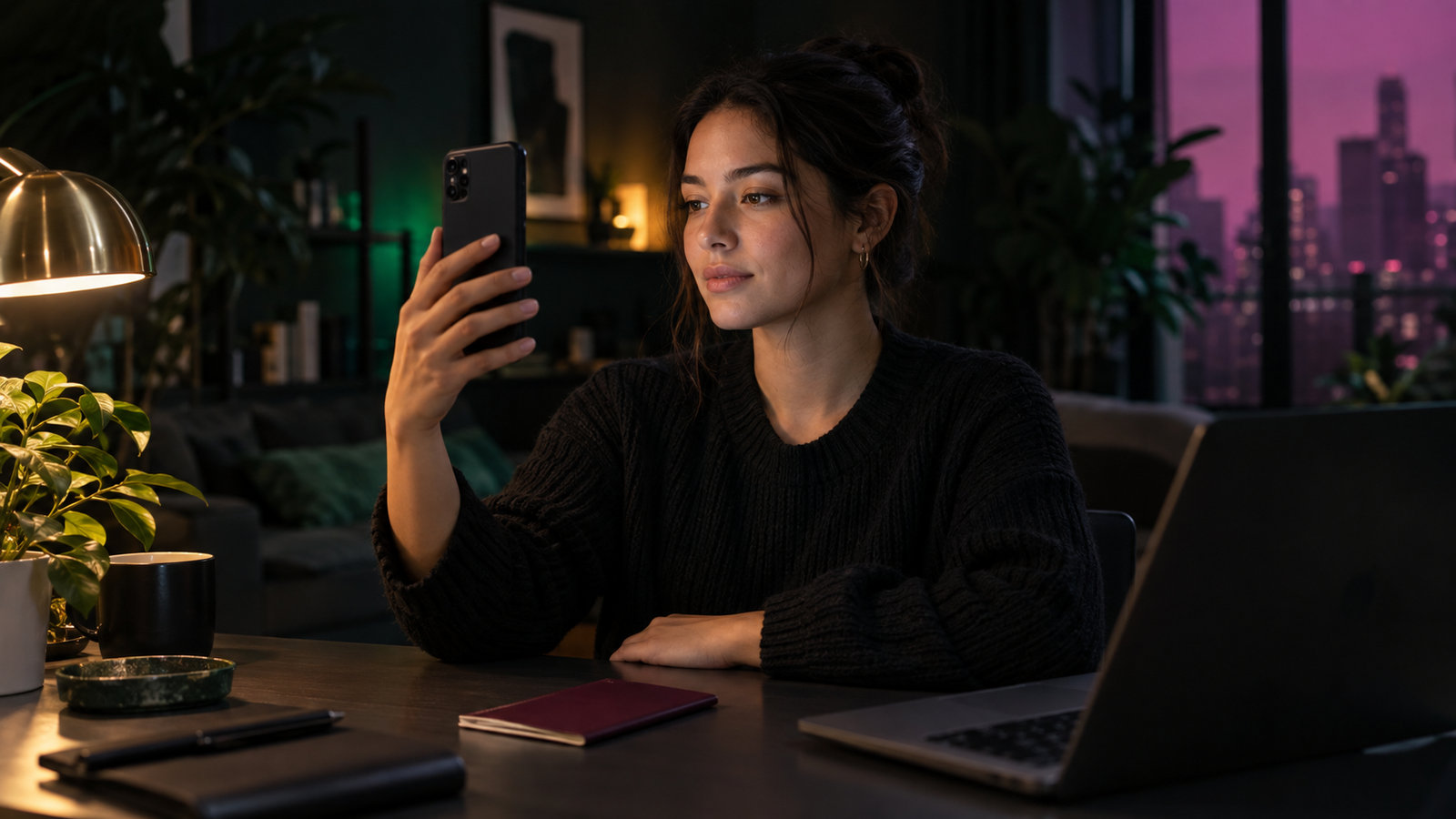 Junge Frau hält ihr Smartphone für eine Gesichtserkennung neben einem geschlossenen Reisepass