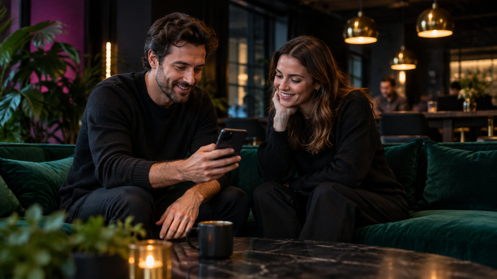 Two colleagues looking at a company update on a smartphone together