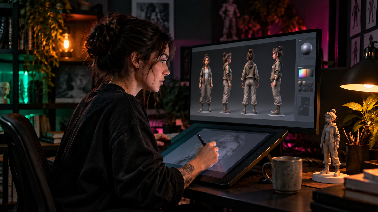 Digitale Charakterkünstlerin arbeitet mit einem Stifttablet an einem 3D-Modell am Monitor