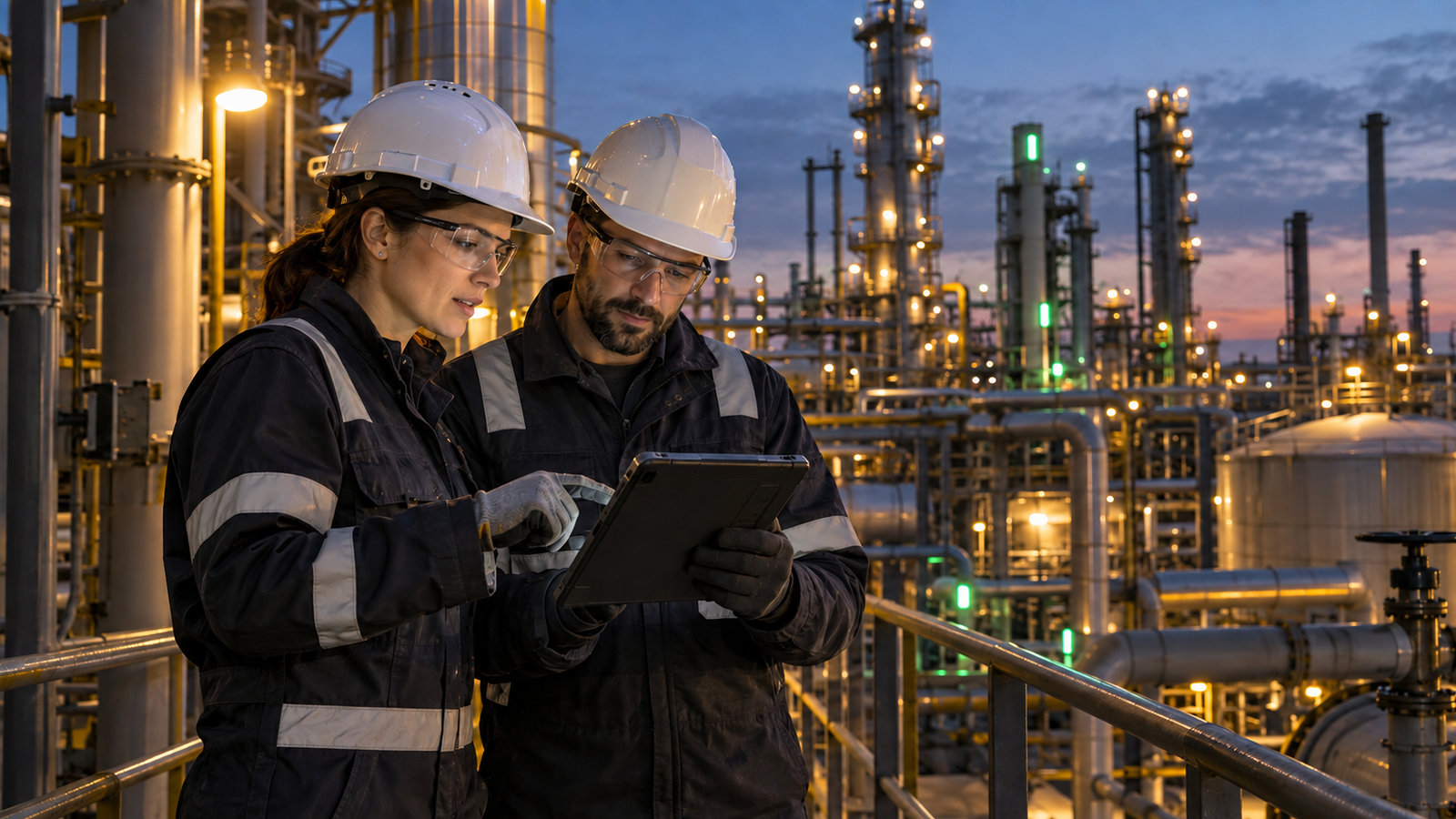 Erfahrene Ingenieurin mit Schutzausrüstung prüft Daten auf einem robusten Tablet auf einem Anlagengelände