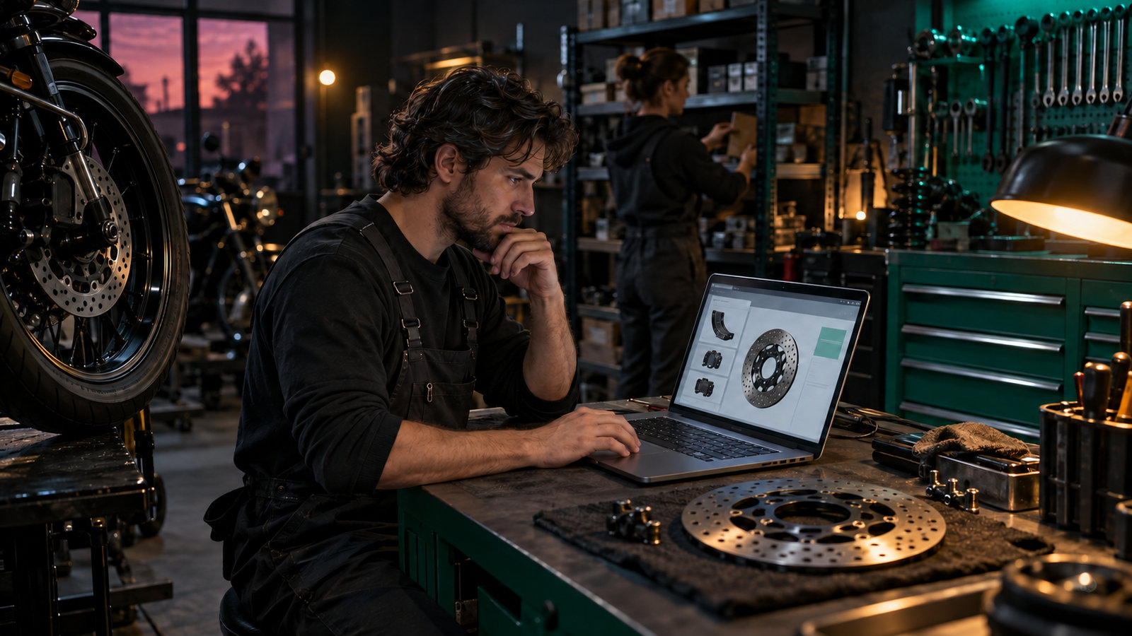Fachmann für Motorradteile sucht am Laptop ein Ersatzteil neben einer Bremsscheibe