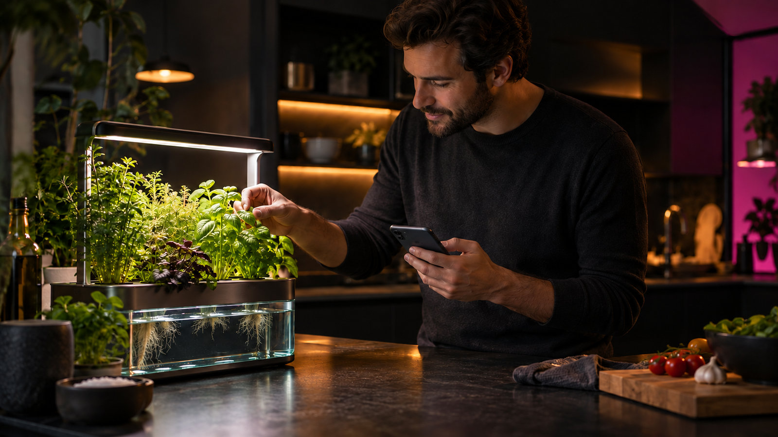 Mann prüft Kräuter in einem kompakten Hydroponik-Garten mit einem Smartphone in der Küche